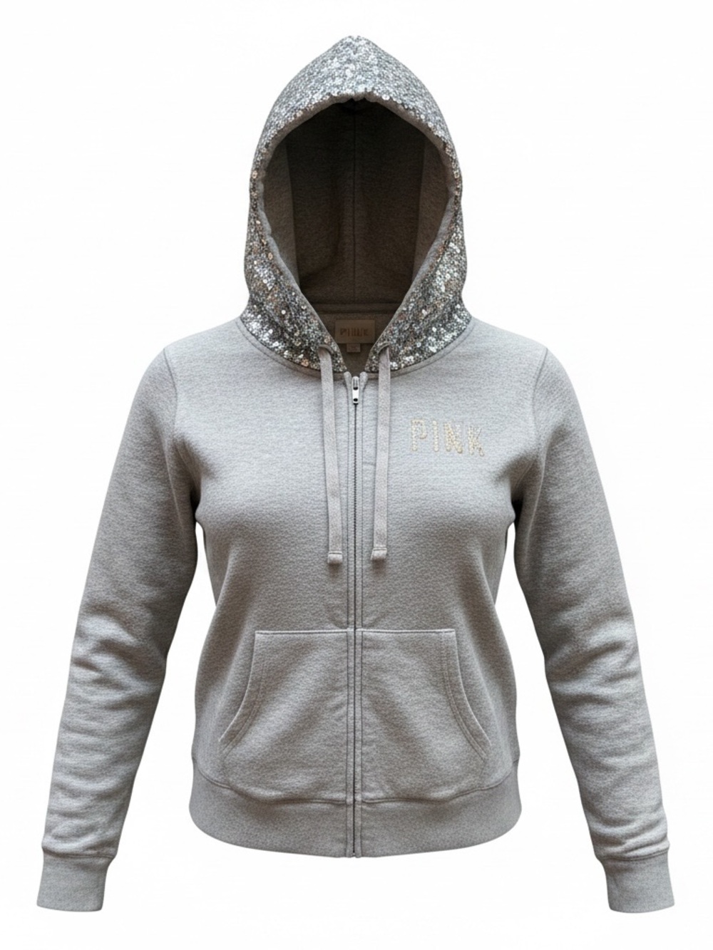PINK Victoria's Secret Light Gray Sequin Hooded Zip-Up